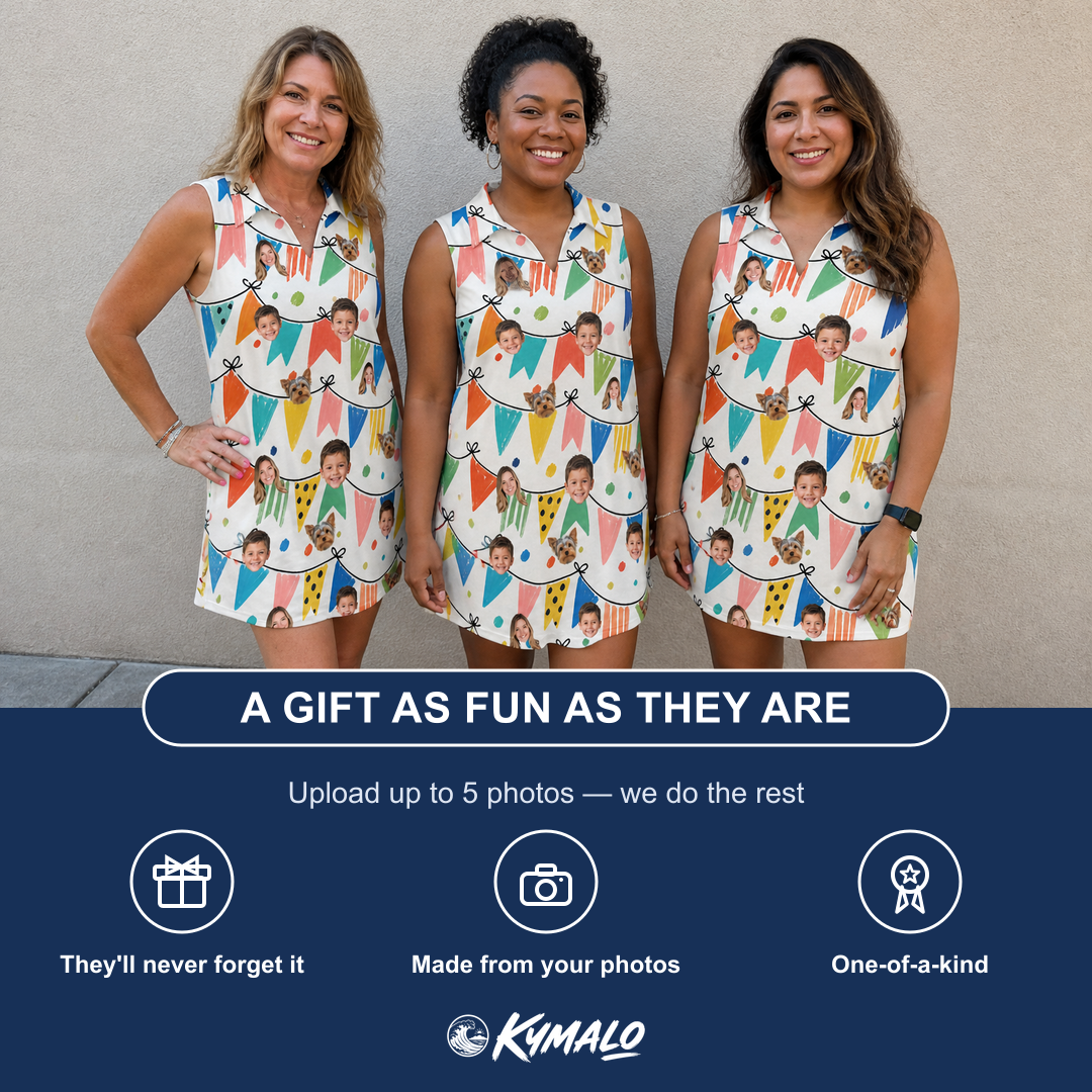 Friends in matching Women's Tulle Tumble Custom Face V-Neck Dress — a group gift photo