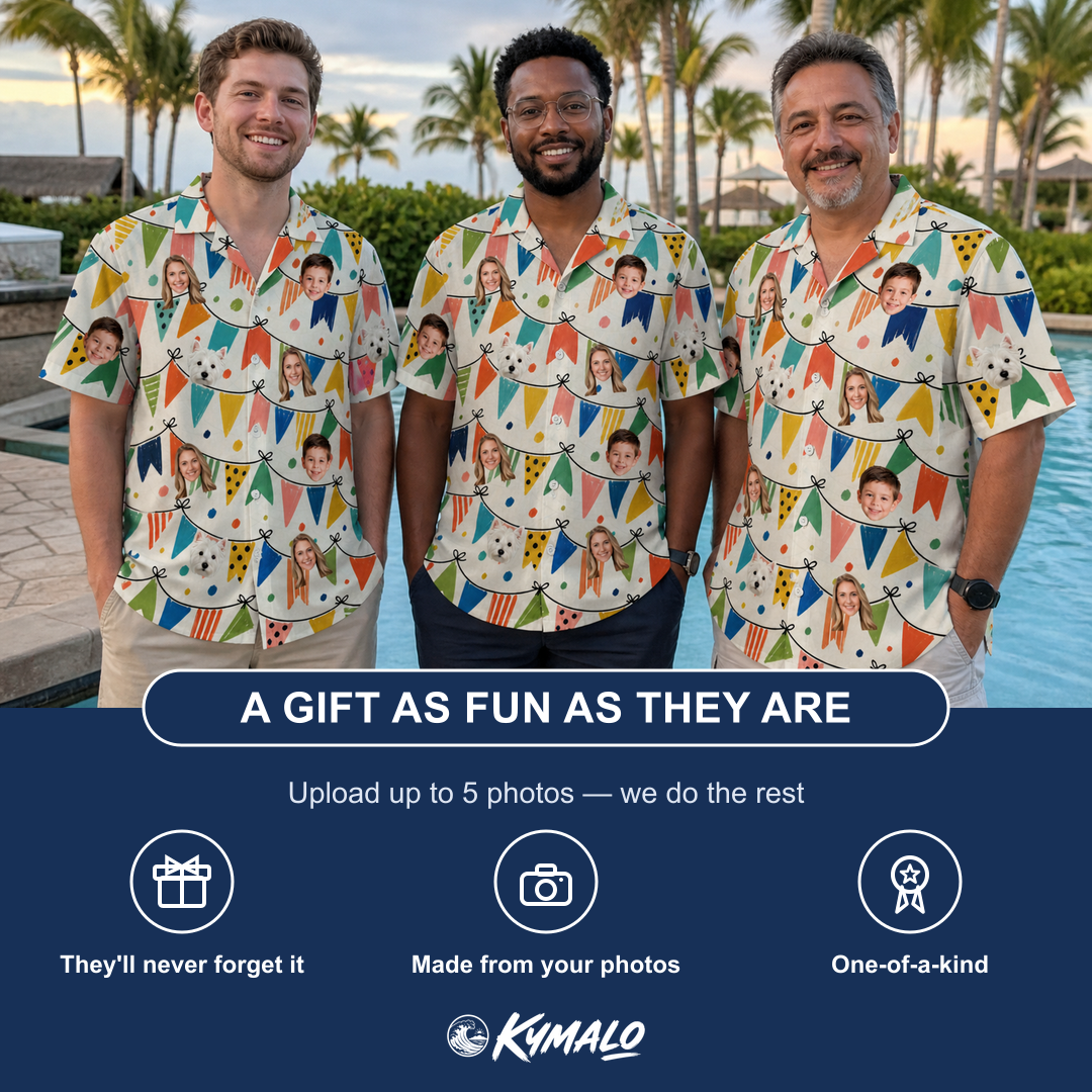 Friends in matching Men's Tulle Tumble Custom Face Hawaiian Shirt — a group gift photo