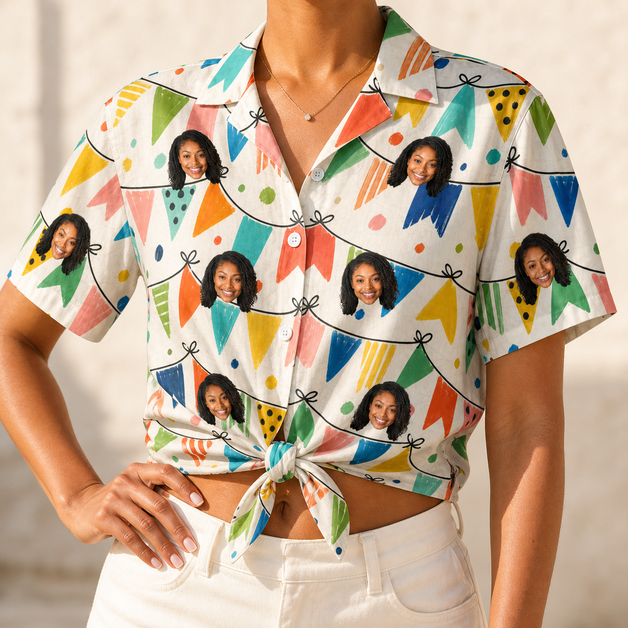 Woman wearing Women's Tulle Tumble Custom Face Hawaiian Shirt tied at the waist