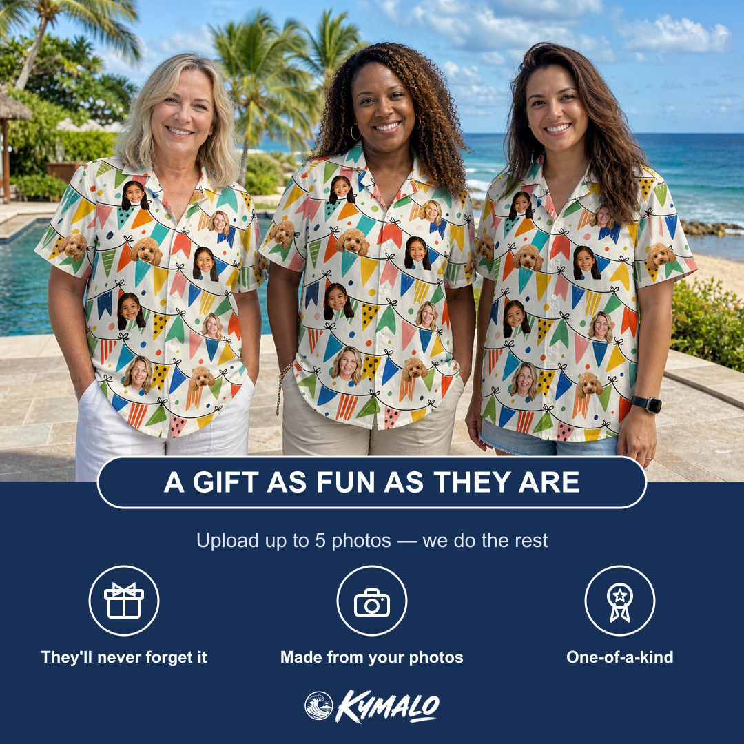 Friends in matching Women's Tulle Tumble Custom Face Hawaiian Shirt — a group gift photo