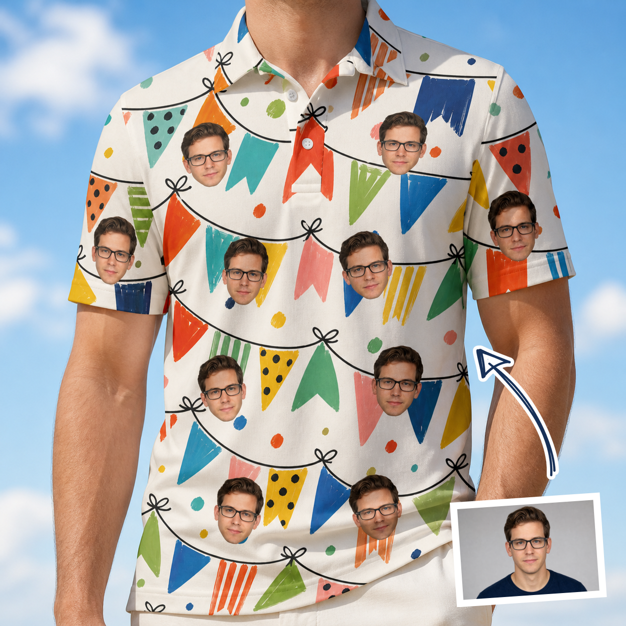 Man wearing Men's Tulle Tumble Custom Face Polo Shirt — custom faces printed all-over
