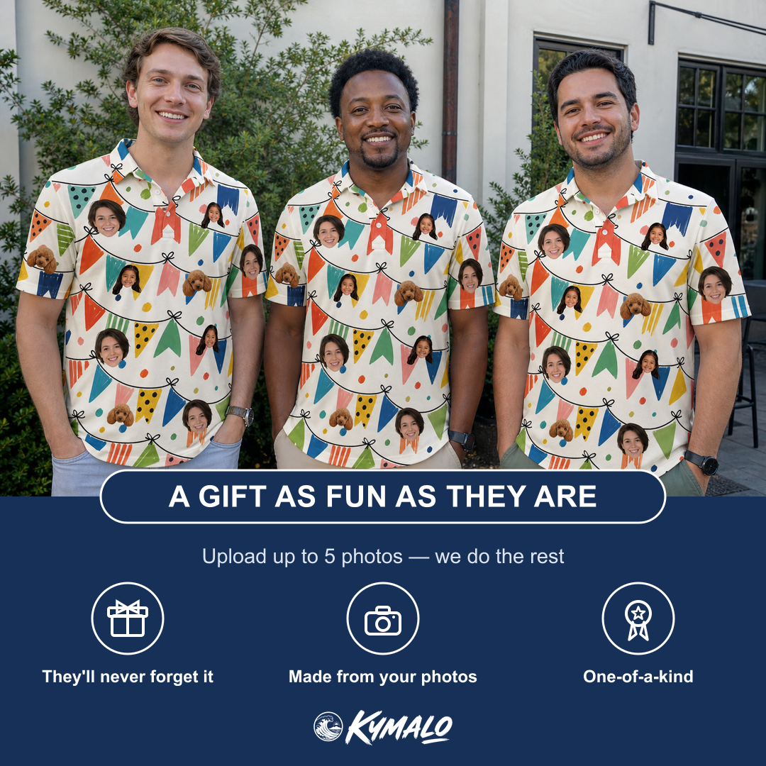 Friends in matching Men's Tulle Tumble Custom Face Polo Shirt — a group gift photo