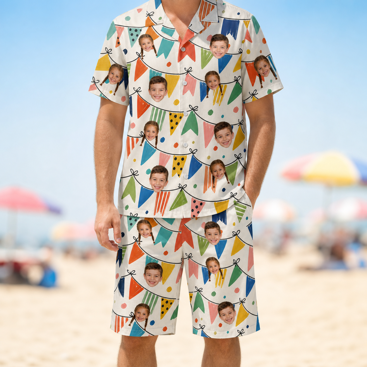 Model wearing Men's Tulle Tumble Custom Face Shirt & Shorts Set printed with kids' faces