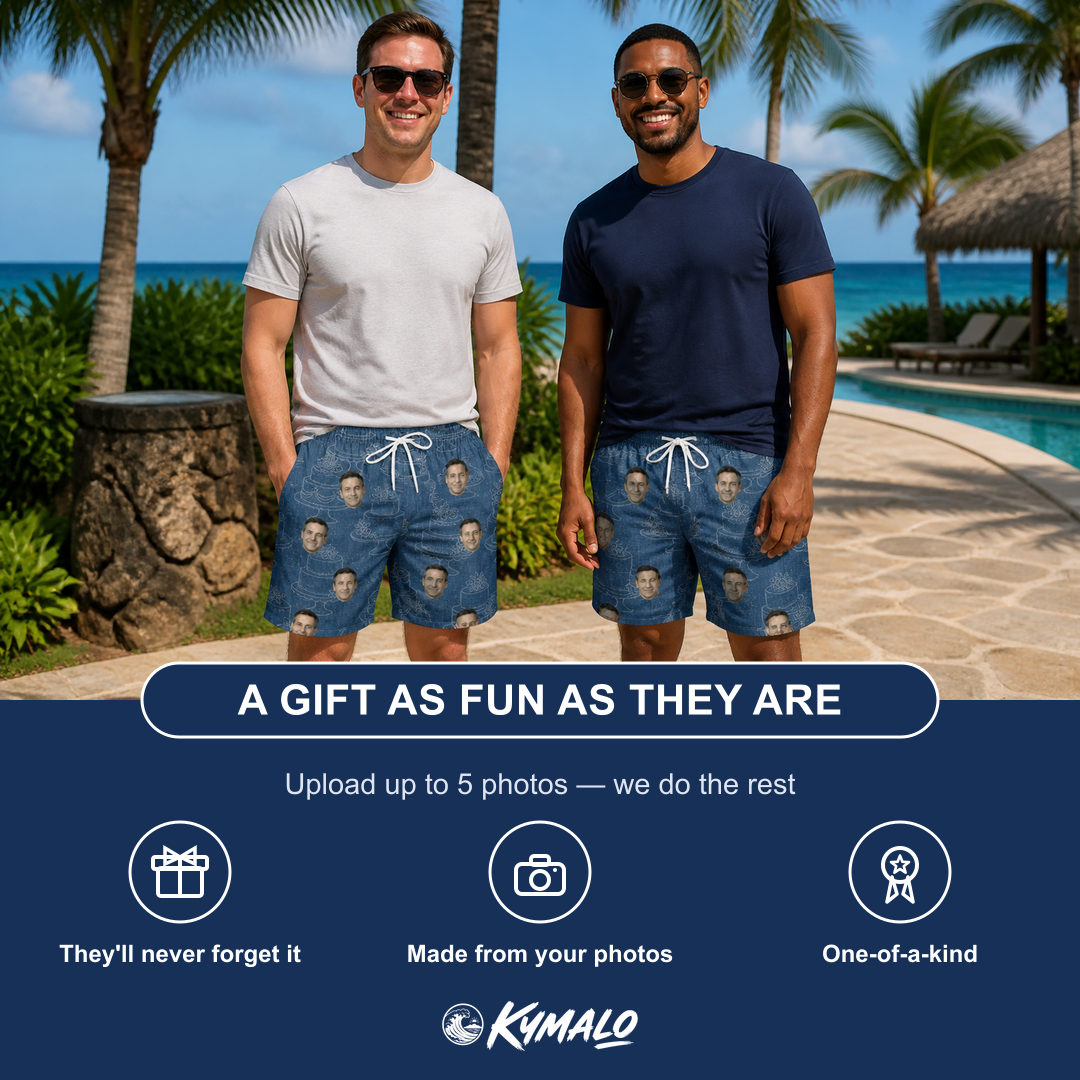 Friends in matching Men's Bridal Batter Custom Face Beach Shorts — a group gift photo