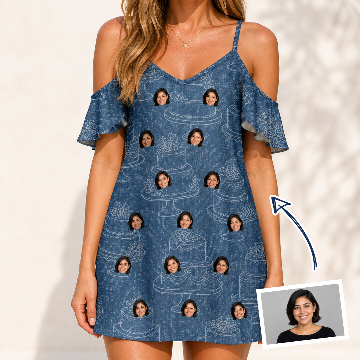 Woman wearing Women's Bridal Batter Custom Face Off-Shoulder Dress — custom faces printed all-over