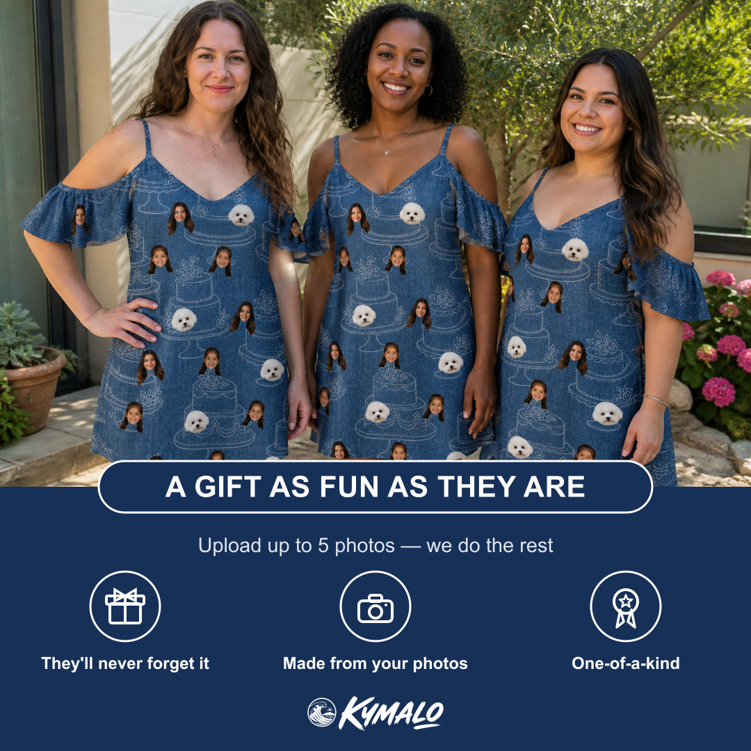 Friends in matching Women's Bridal Batter Custom Face Off-Shoulder Dress — a group gift photo