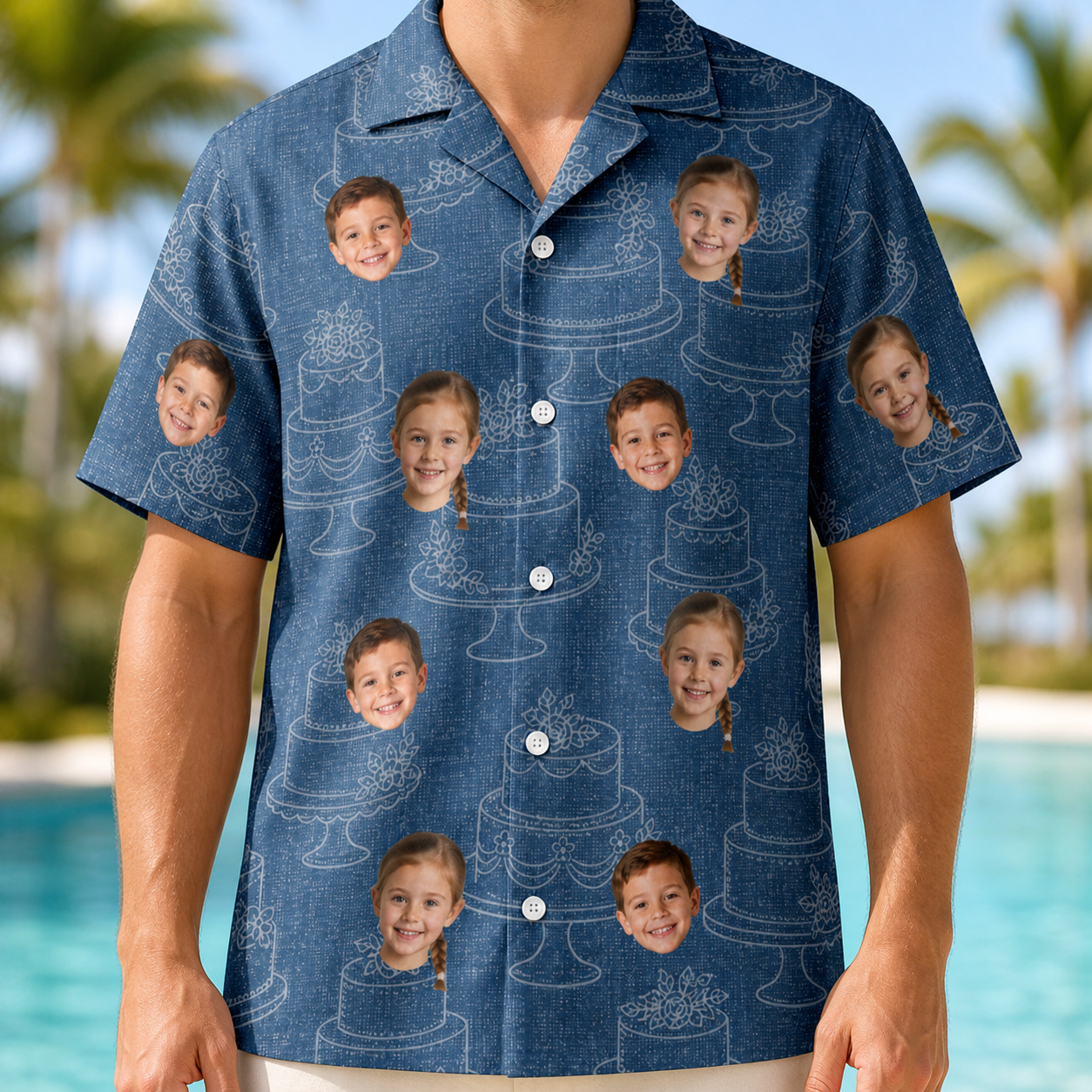 Model wearing Men's Bridal Batter Custom Face Hawaiian Shirt printed with kids' faces