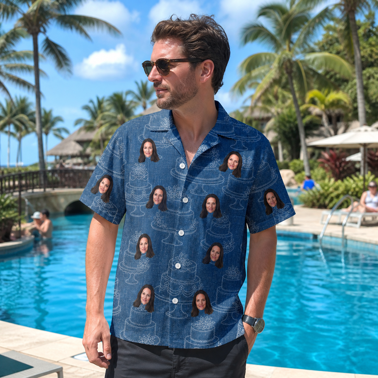 Real-life photo of someone wearing Men's Bridal Batter Custom Face Hawaiian Shirt — custom faces printed all-over