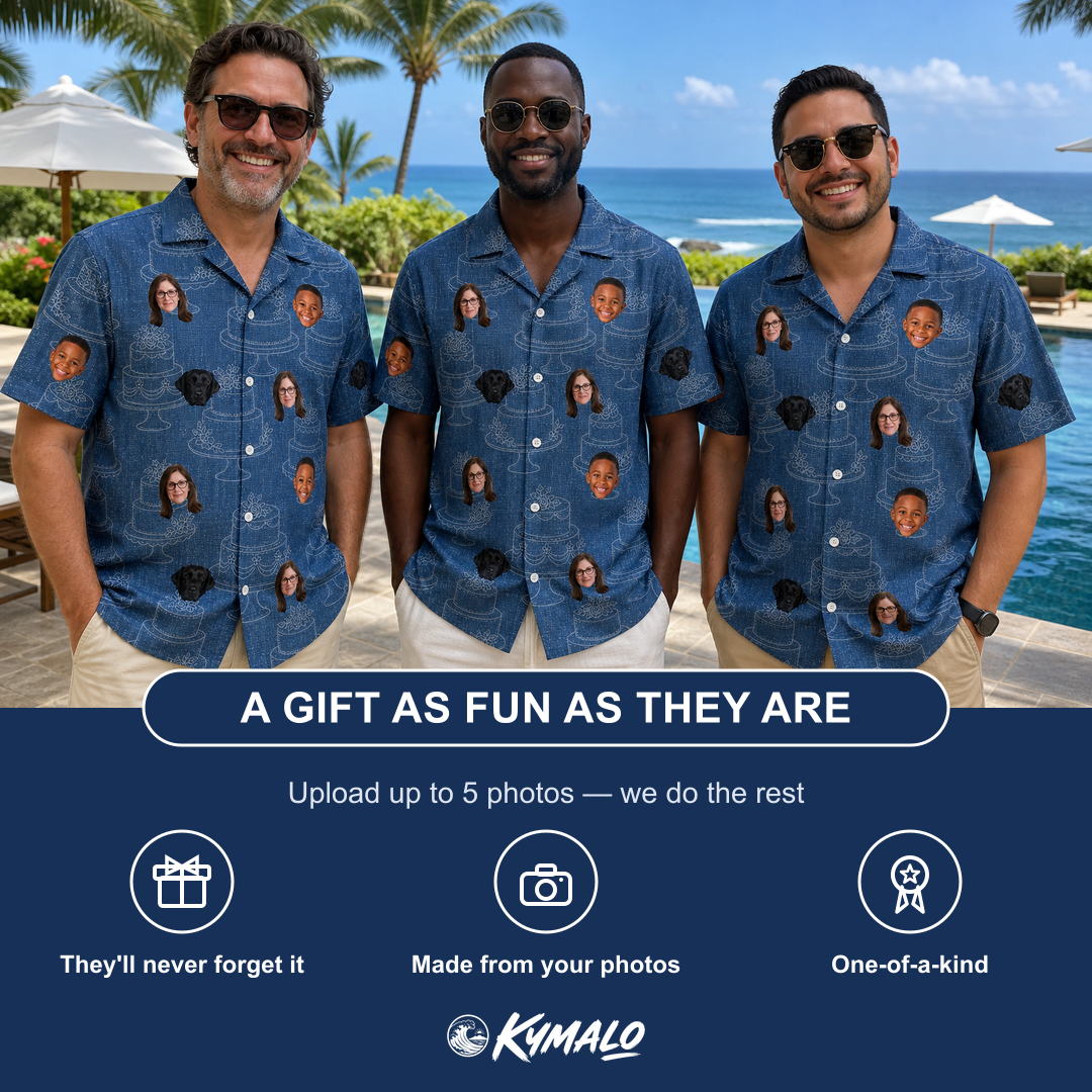 Friends in matching Men's Bridal Batter Custom Face Hawaiian Shirt — a group gift photo
