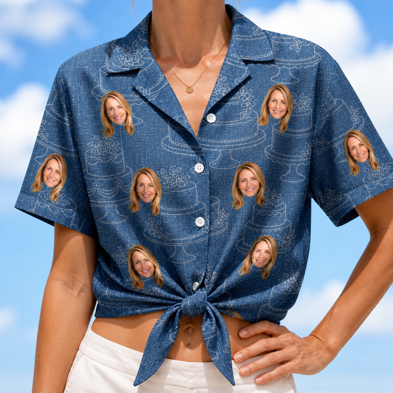 Woman wearing Women's Bridal Batter Custom Face Hawaiian Shirt tied at the waist