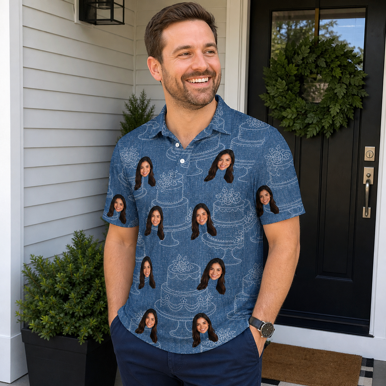 Real-life photo of someone wearing Men's Bridal Batter Custom Face Polo Shirt — custom faces printed all-over
