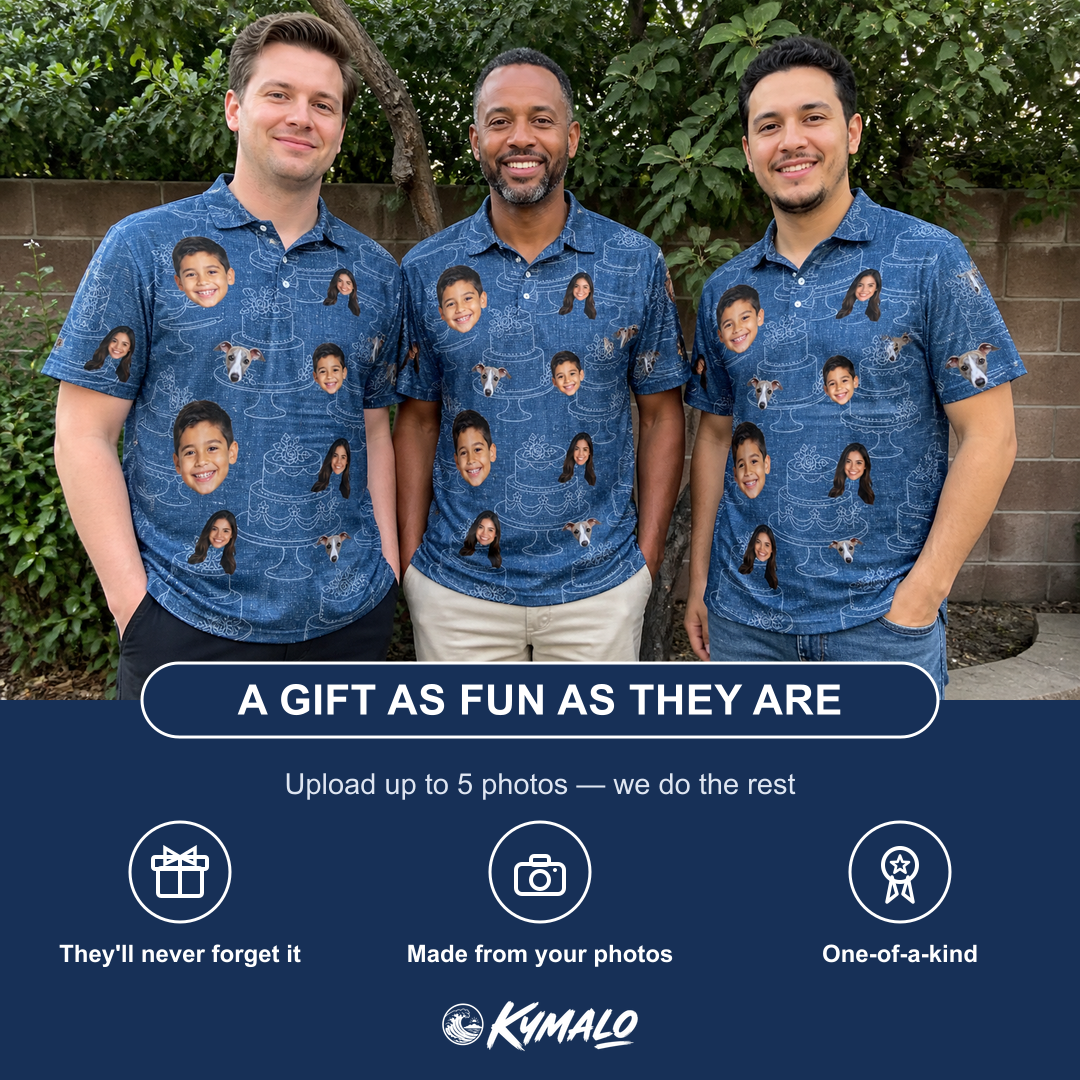 Friends in matching Men's Bridal Batter Custom Face Polo Shirt — a group gift photo