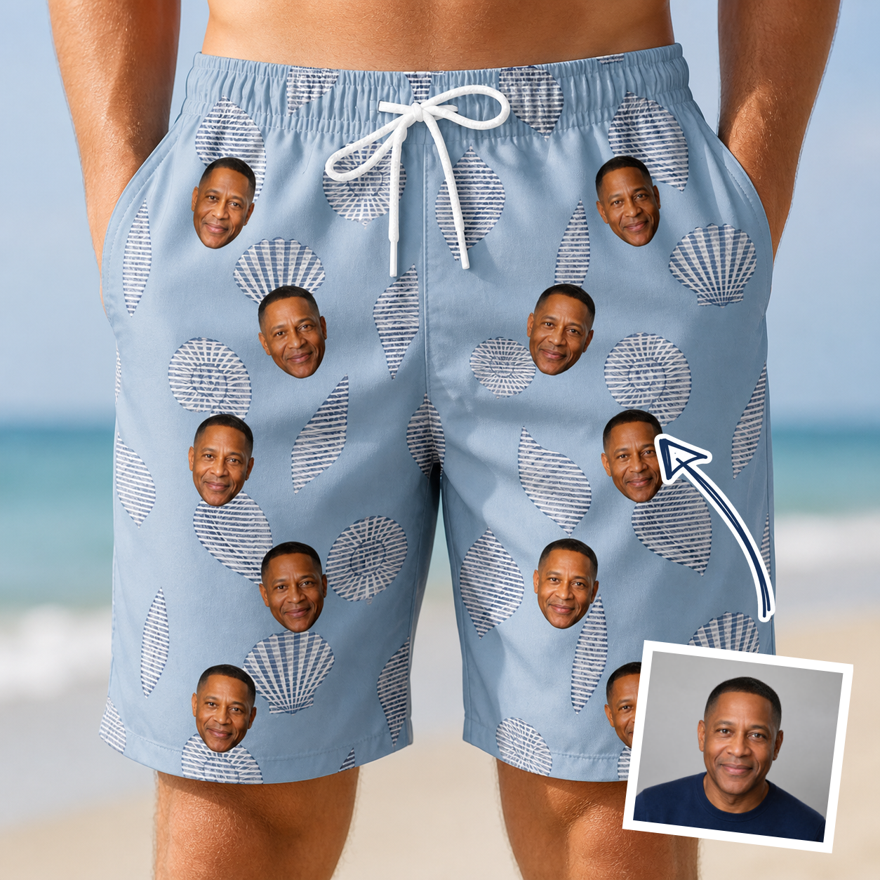 Man wearing Men's Pearl Parade Custom Face Beach Shorts — custom faces printed all-over