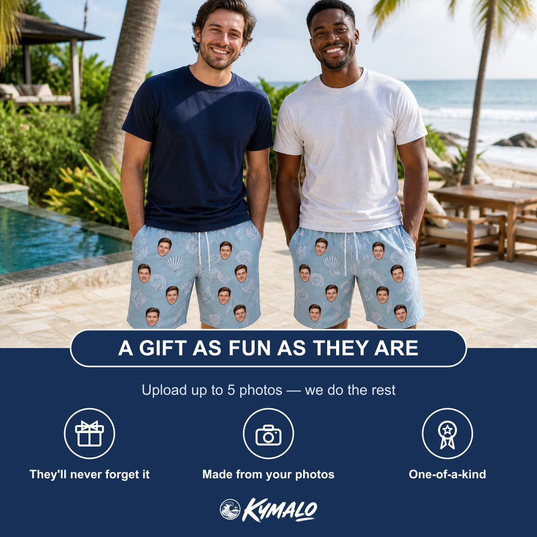 Friends in matching Men's Pearl Parade Custom Face Beach Shorts — a group gift photo