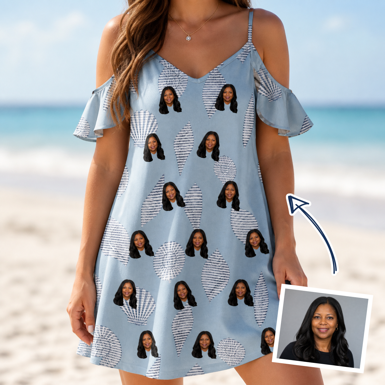 Woman wearing Women's Pearl Parade Custom Face Off-Shoulder Dress — custom faces printed all-over