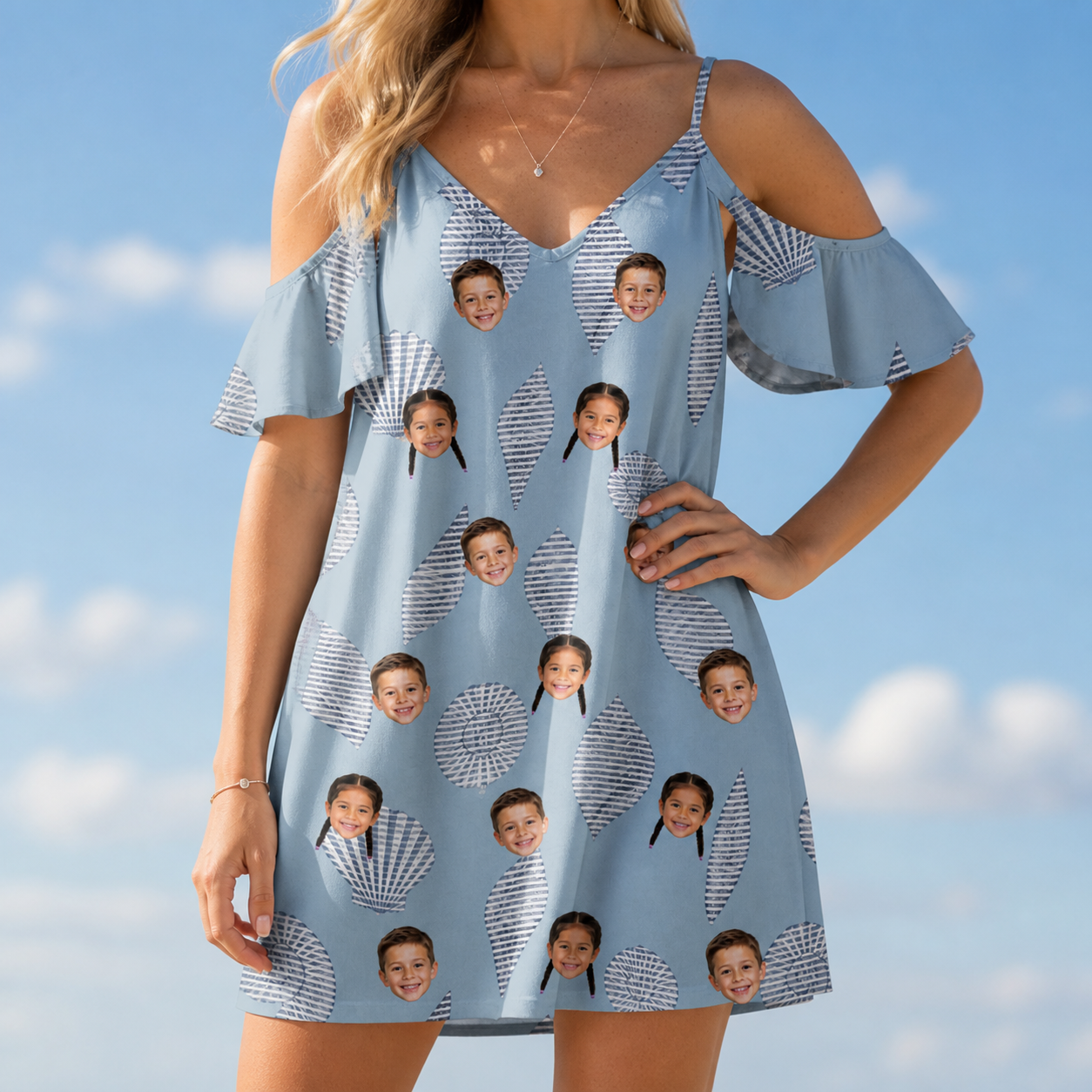 Model wearing Women's Pearl Parade Custom Face Off-Shoulder Dress printed with kids' faces