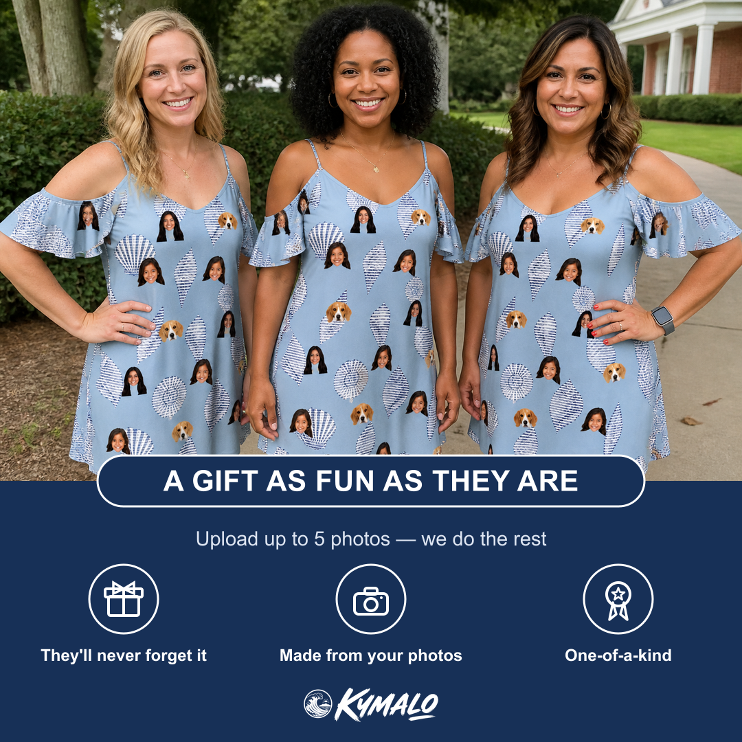 Friends in matching Women's Pearl Parade Custom Face Off-Shoulder Dress — a group gift photo
