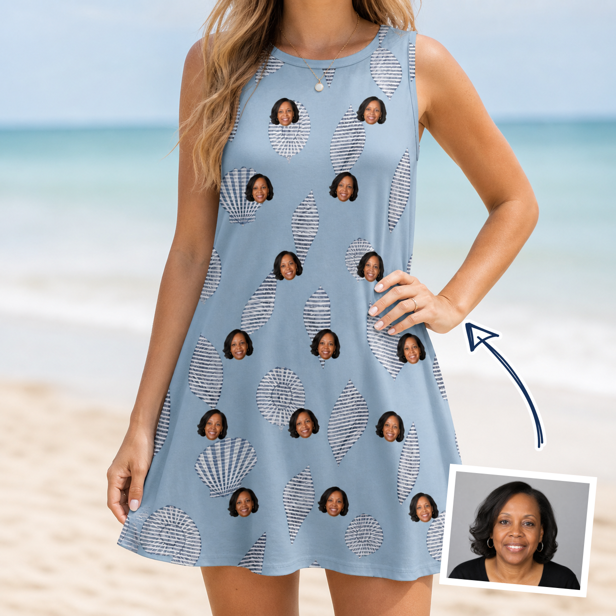 Woman wearing Women's Pearl Parade Custom Face Tank Dress — custom faces printed all-over