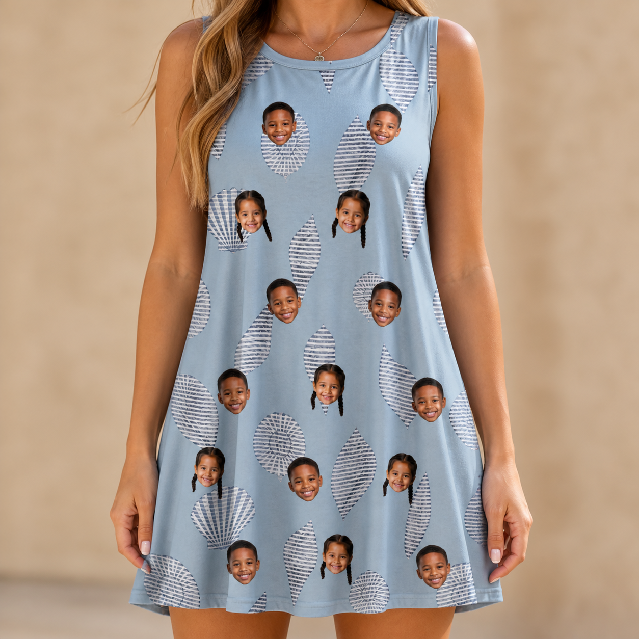 Model wearing Women's Pearl Parade Custom Face Tank Dress printed with kids' faces