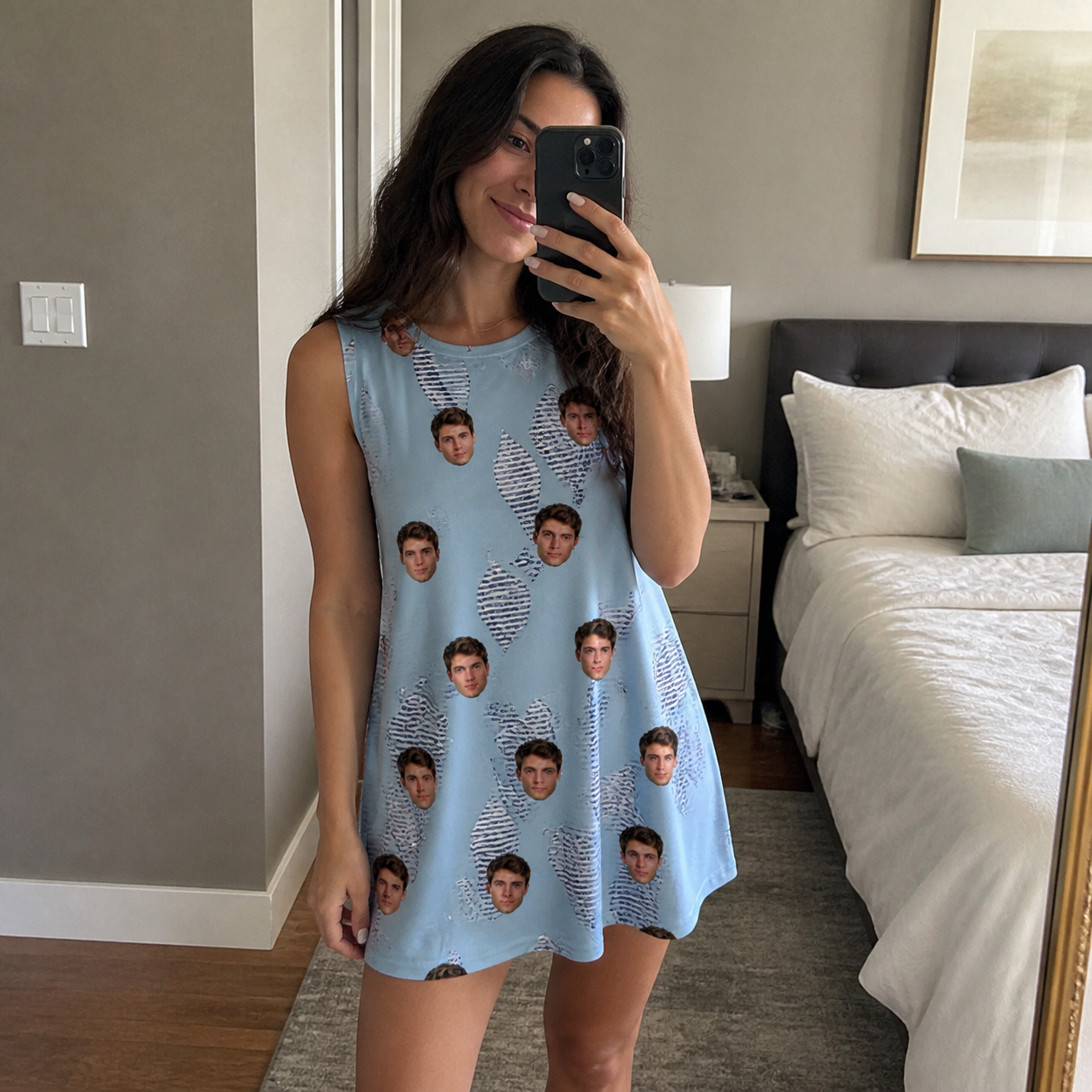 Real-life photo of someone wearing Women's Pearl Parade Custom Face Tank Dress — custom faces printed all-over