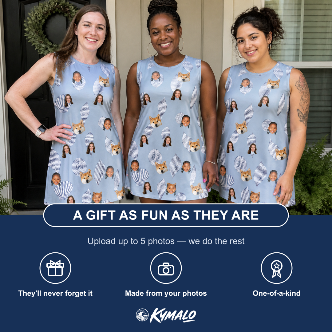 Friends in matching Women's Pearl Parade Custom Face Tank Dress — a group gift photo