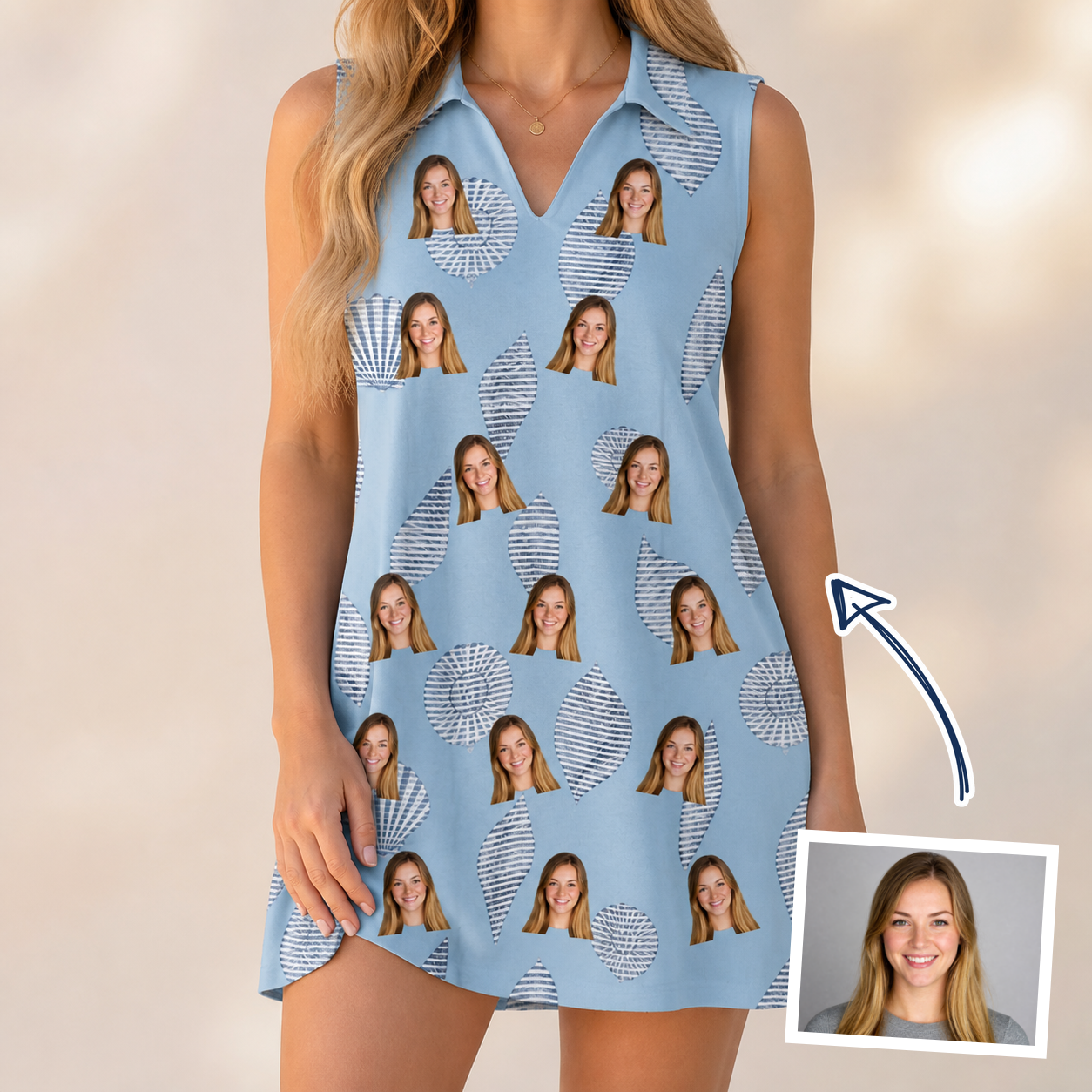 Woman wearing Women's Pearl Parade Custom Face V-Neck Dress — custom faces printed all-over