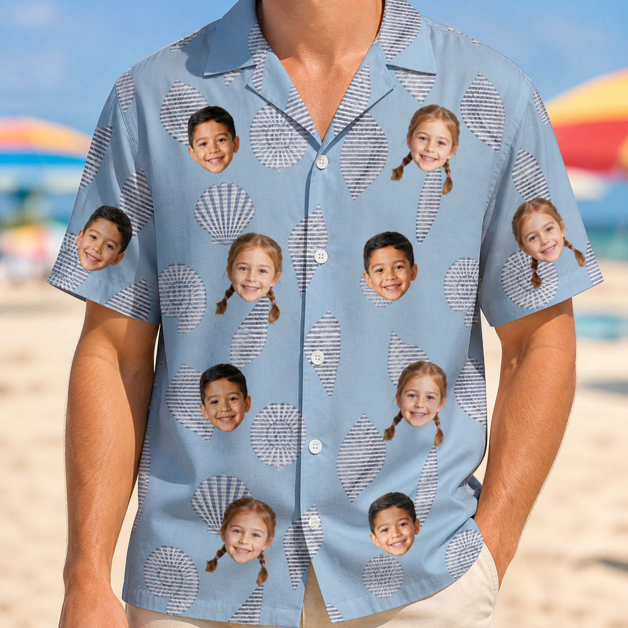 Model wearing Men's Pearl Parade Custom Face Hawaiian Shirt printed with kids' faces
