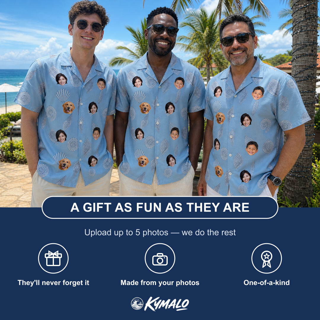 Friends in matching Men's Pearl Parade Custom Face Hawaiian Shirt — a group gift photo
