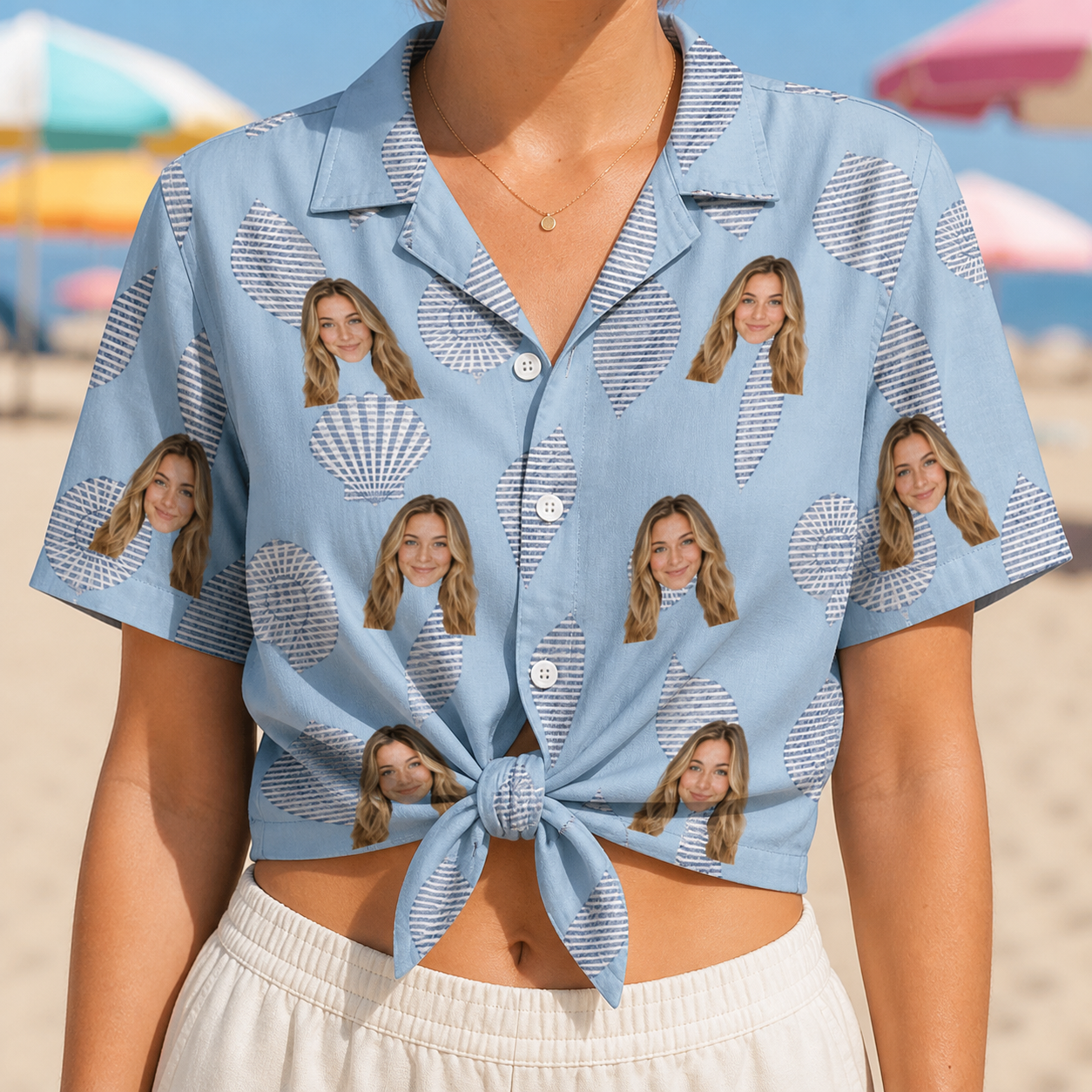 Woman wearing Women's Pearl Parade Custom Face Hawaiian Shirt tied at the waist