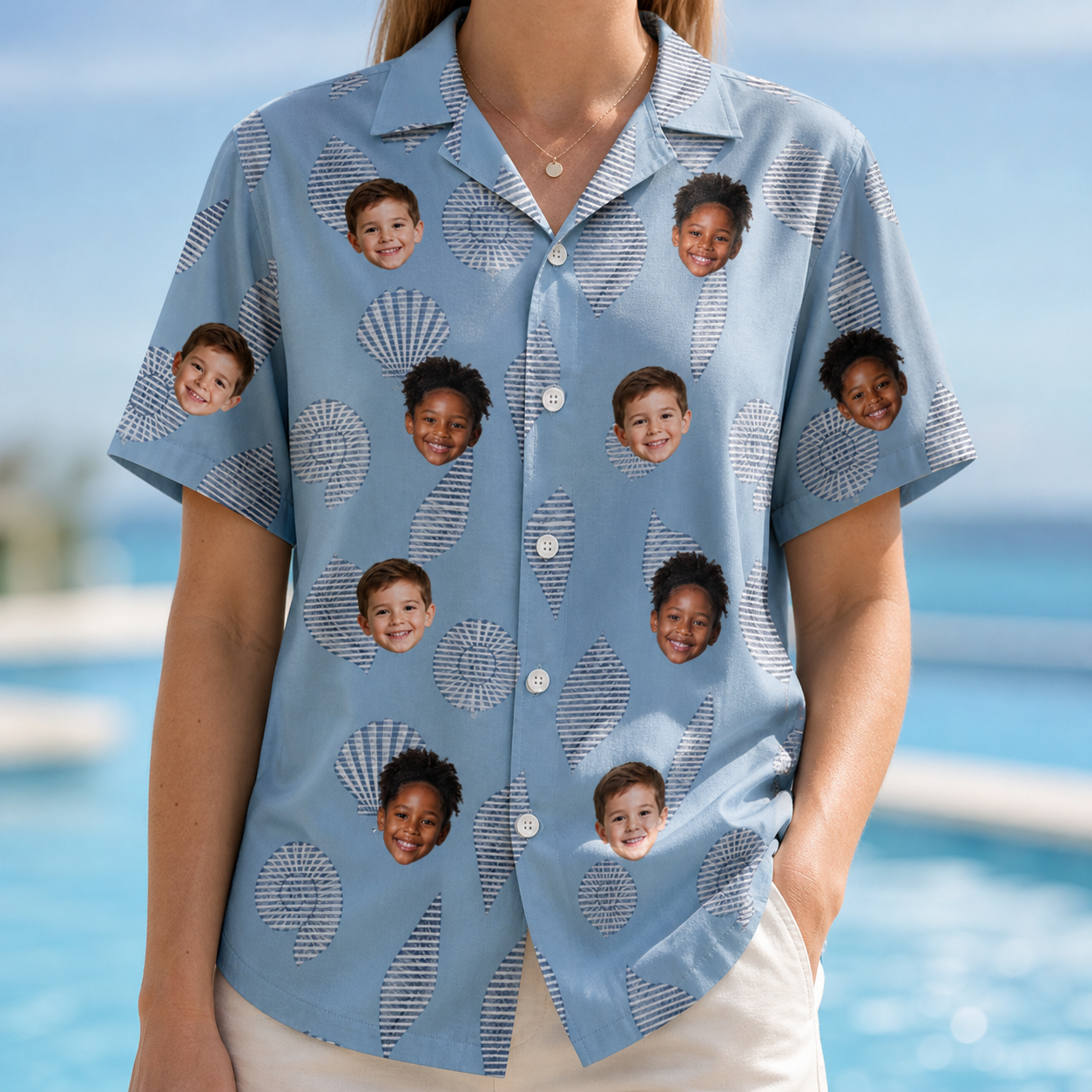 Model wearing Women's Pearl Parade Custom Face Hawaiian Shirt printed with kids' faces
