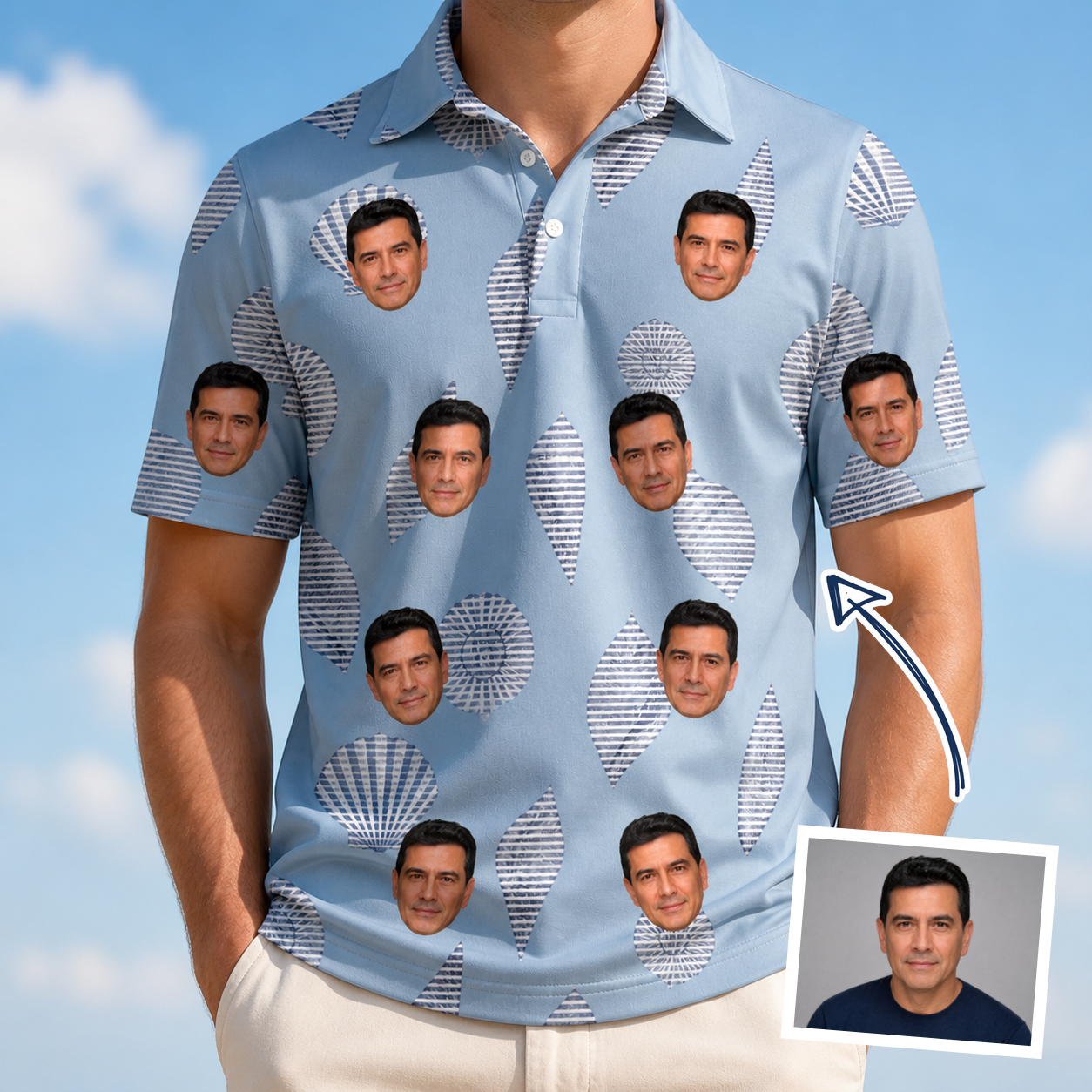 Man wearing Men's Pearl Parade Custom Face Polo Shirt — custom faces printed all-over
