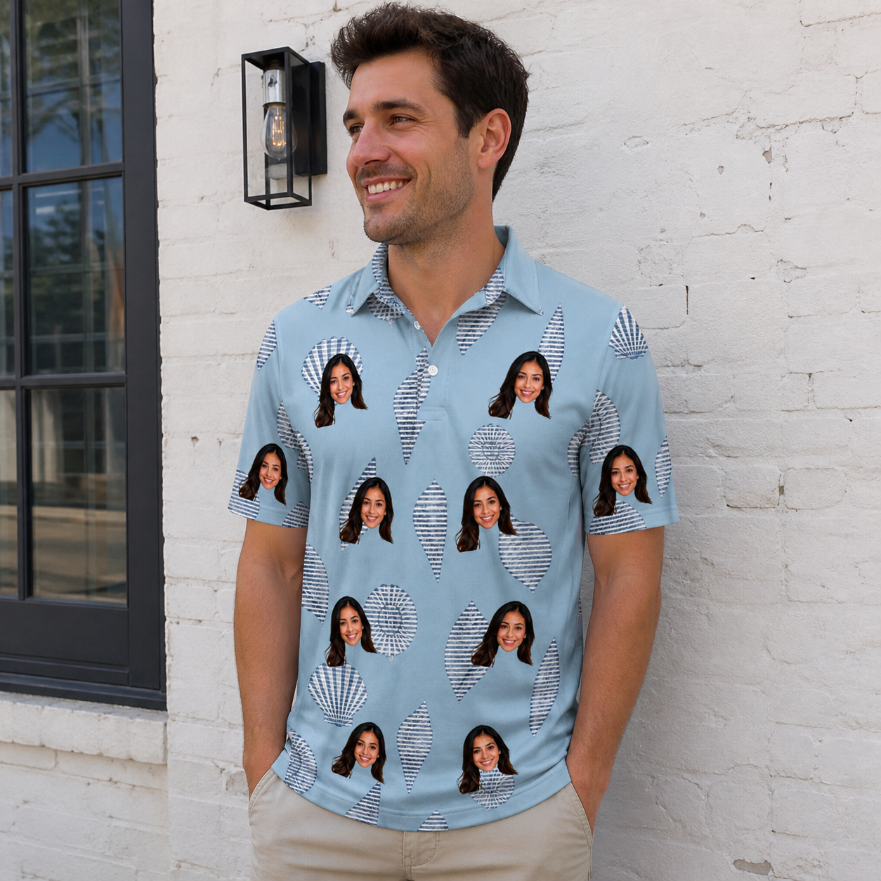 Real-life photo of someone wearing Men's Pearl Parade Custom Face Polo Shirt — custom faces printed all-over