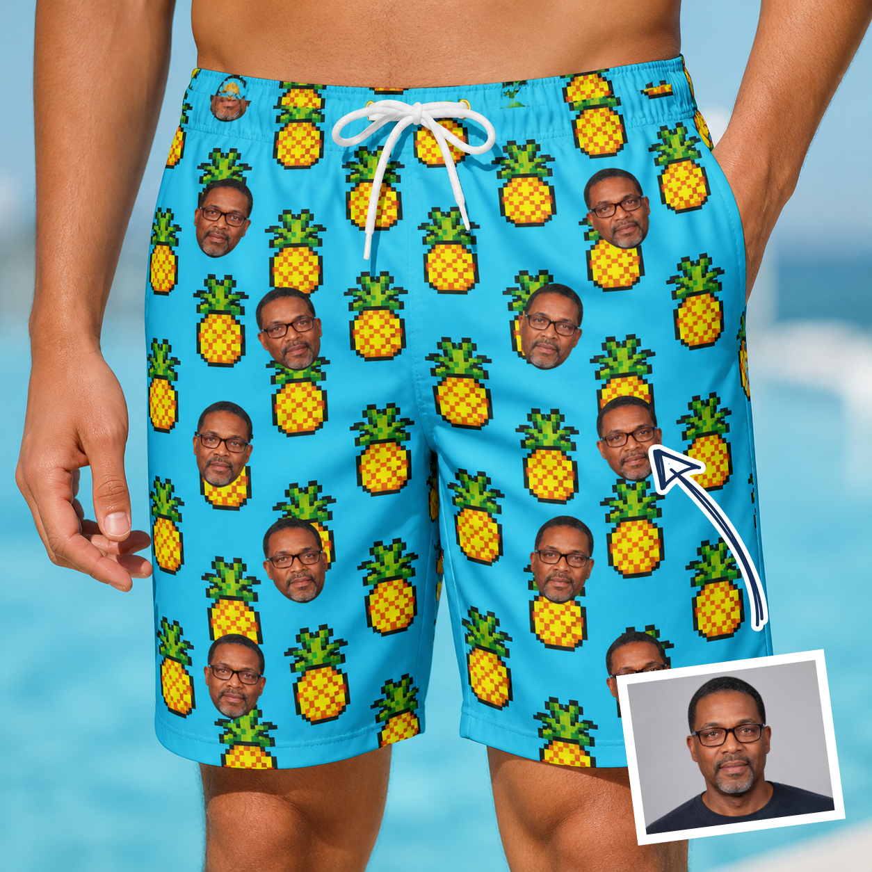 Man wearing Men's Pineapple Pals Custom Face Beach Shorts — custom faces printed all-over