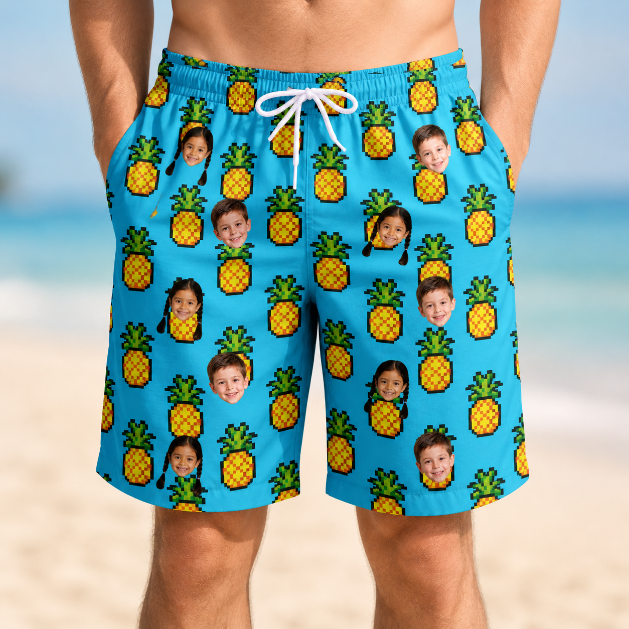 Model wearing Men's Pineapple Pals Custom Face Beach Shorts printed with kids' faces