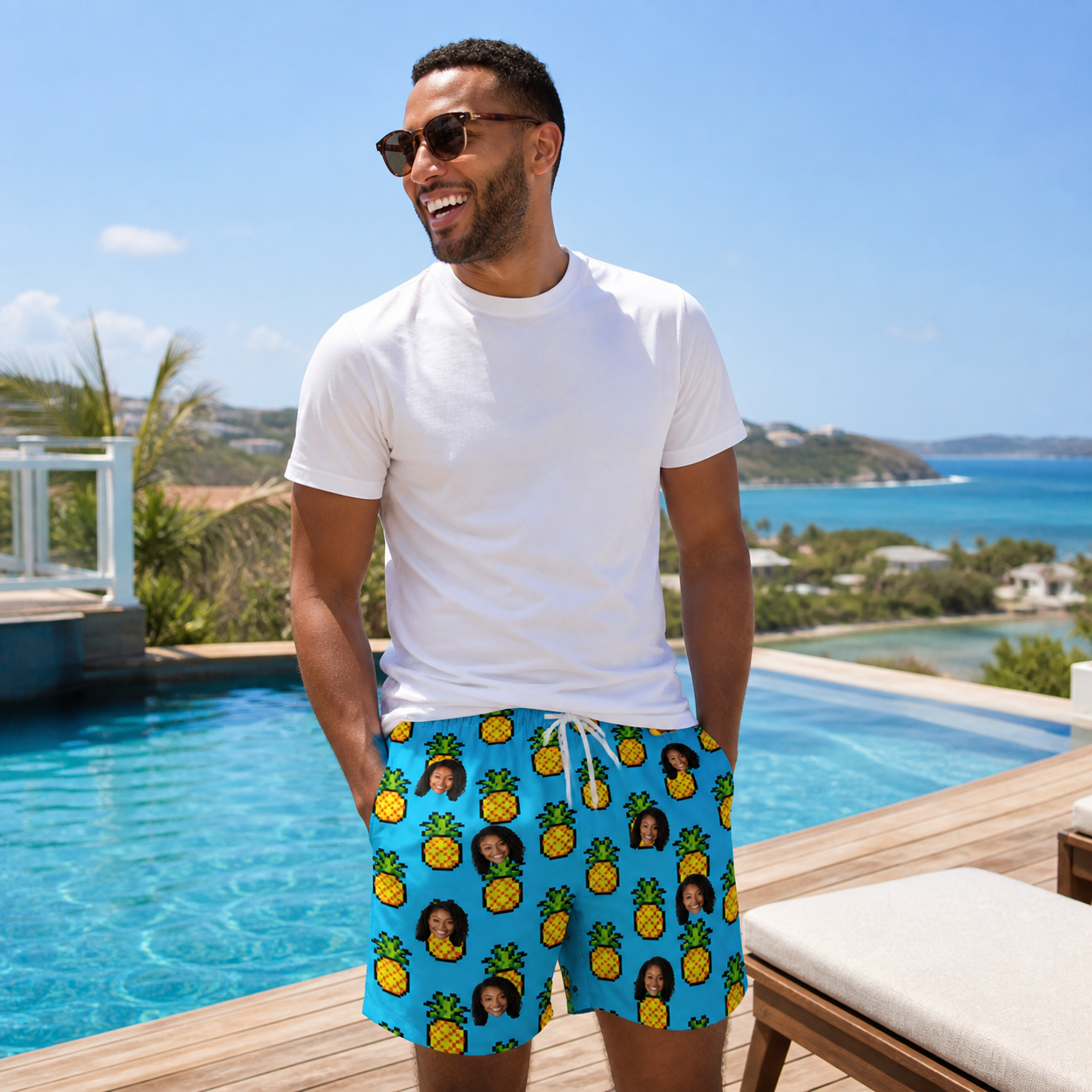 Real-life photo of someone wearing Men's Pineapple Pals Custom Face Beach Shorts — custom faces printed all-over