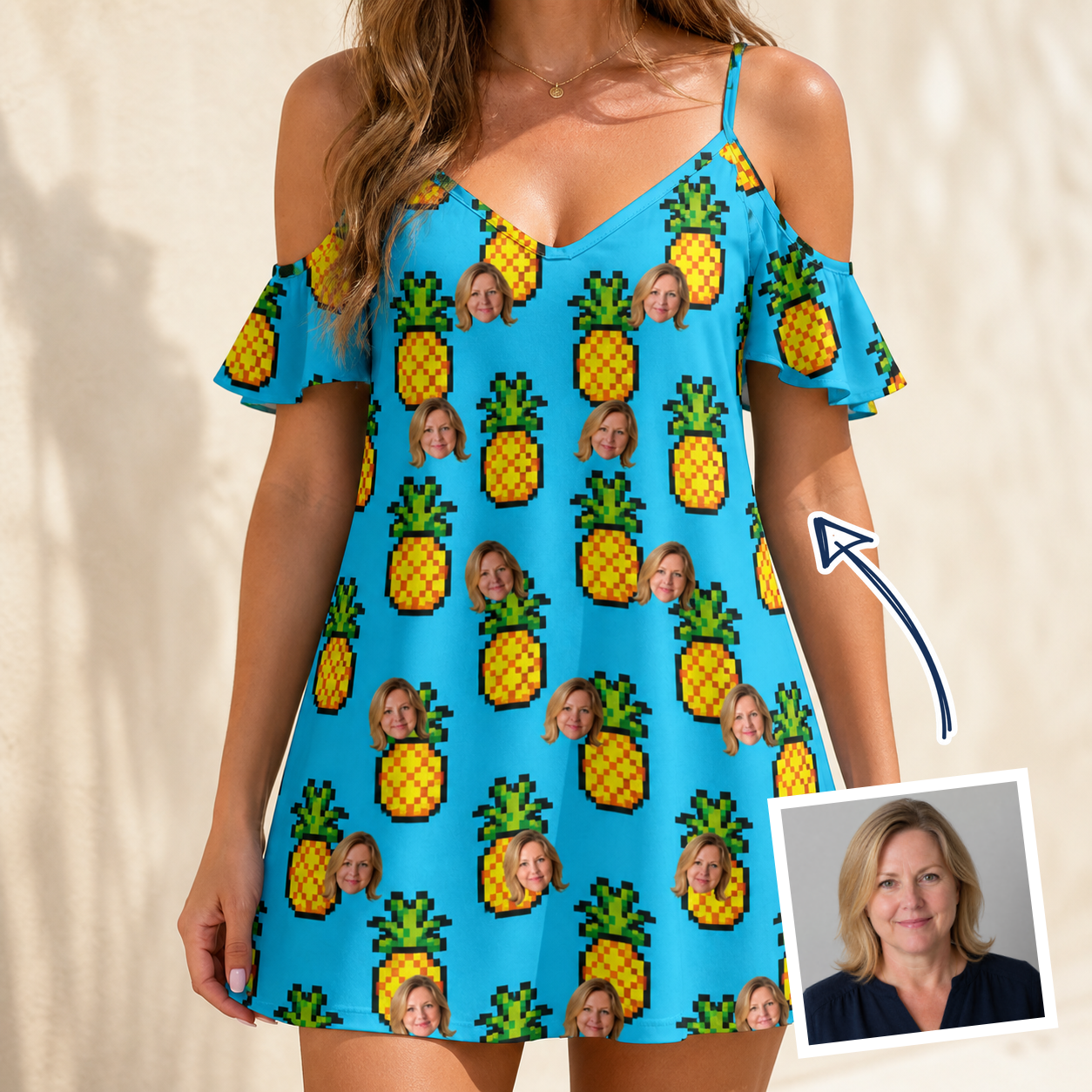Woman wearing Women's Pineapple Pals Custom Face Off-Shoulder Dress — custom faces printed all-over