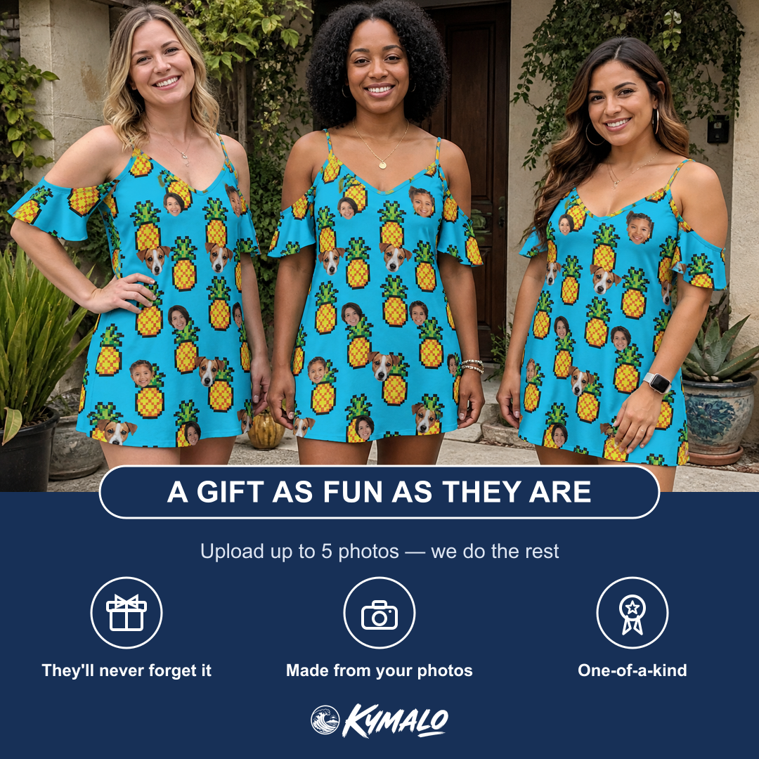 Friends in matching Women's Pineapple Pals Custom Face Off-Shoulder Dress — a group gift photo