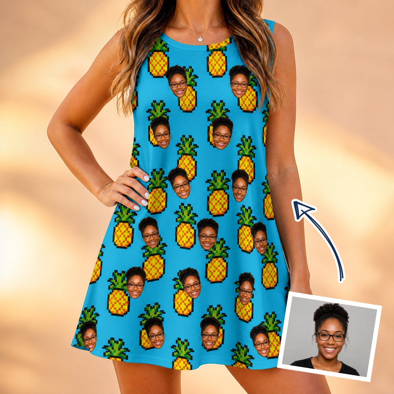 Woman wearing Women's Pineapple Pals Custom Face Tank Dress — custom faces printed all-over