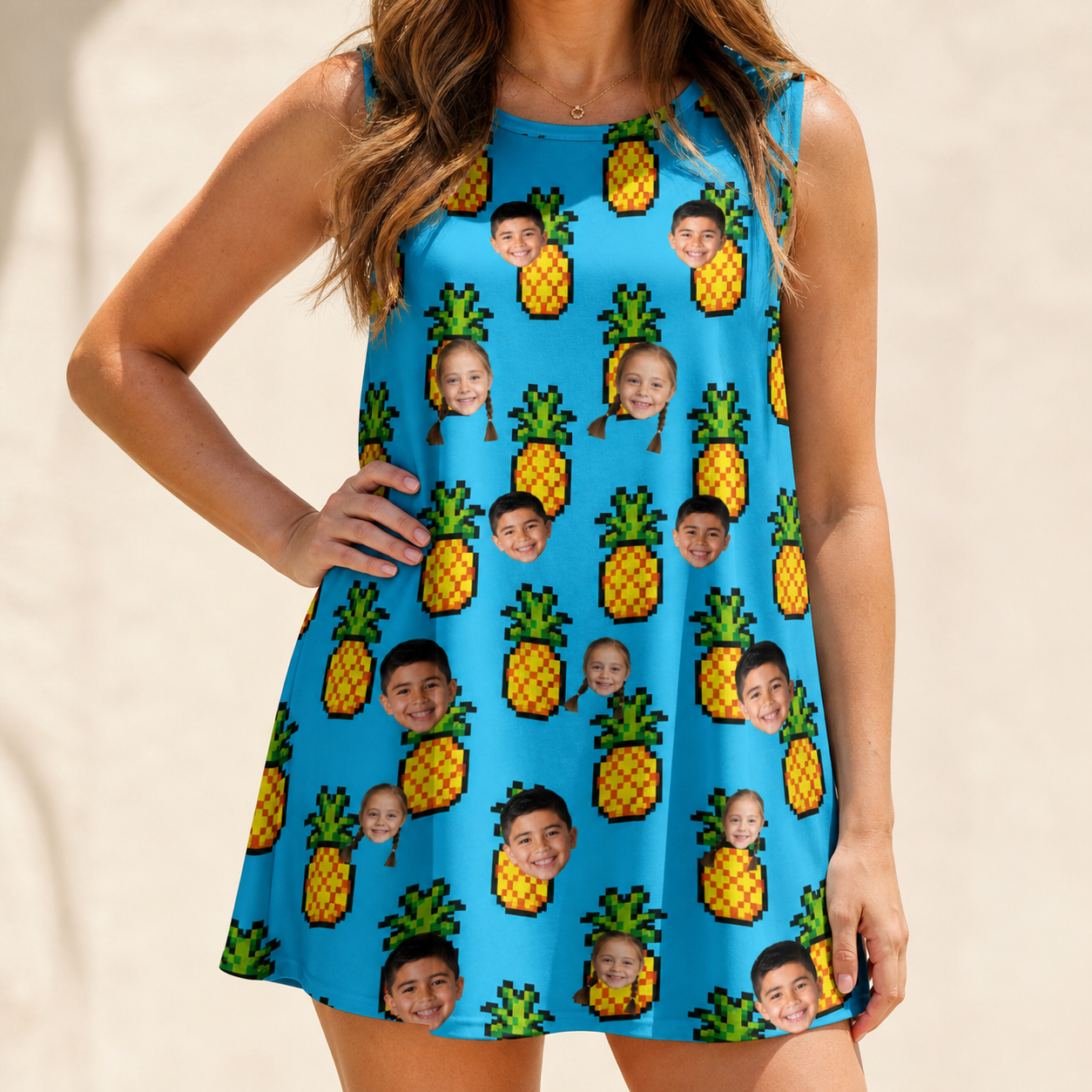 Model wearing Women's Pineapple Pals Custom Face Tank Dress printed with kids' faces