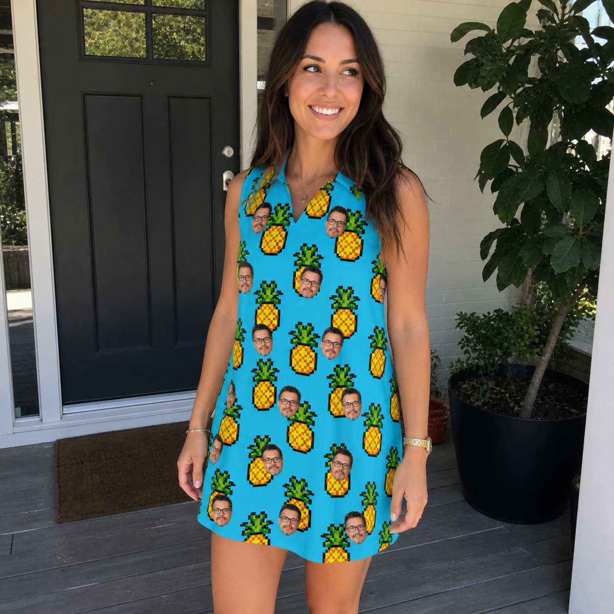 Real-life photo of someone wearing Women's Pineapple Pals Custom Face V-Neck Dress — custom faces printed all-over