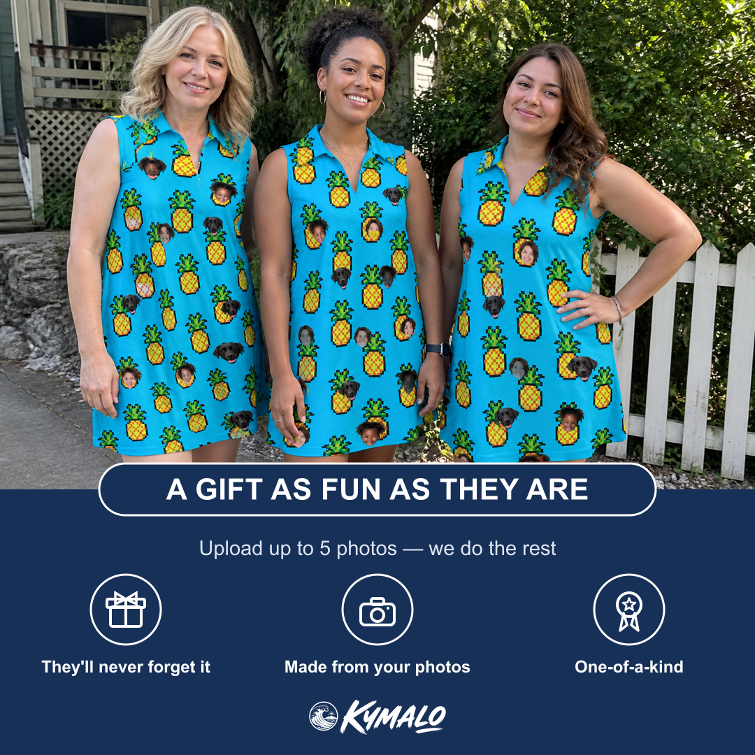 Friends in matching Women's Pineapple Pals Custom Face V-Neck Dress — a group gift photo