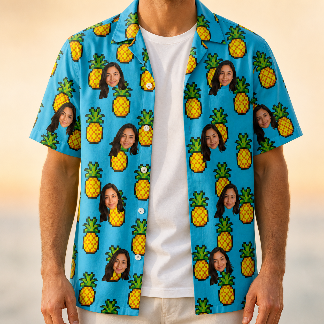 Man wearing Men's Pineapple Pals Custom Face Hawaiian Shirt open over a white tee