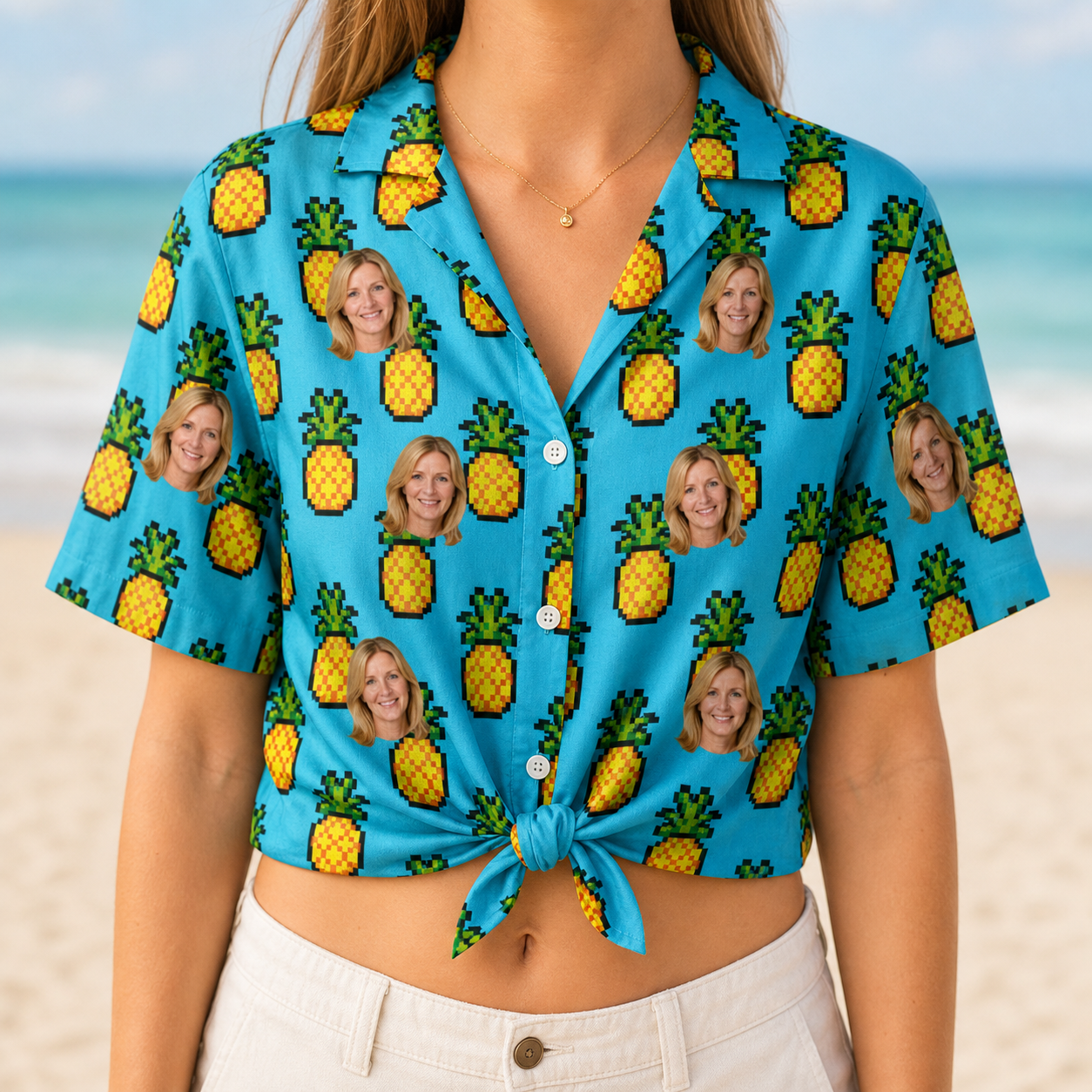 Woman wearing Women's Pineapple Pals Custom Face Hawaiian Shirt tied at the waist
