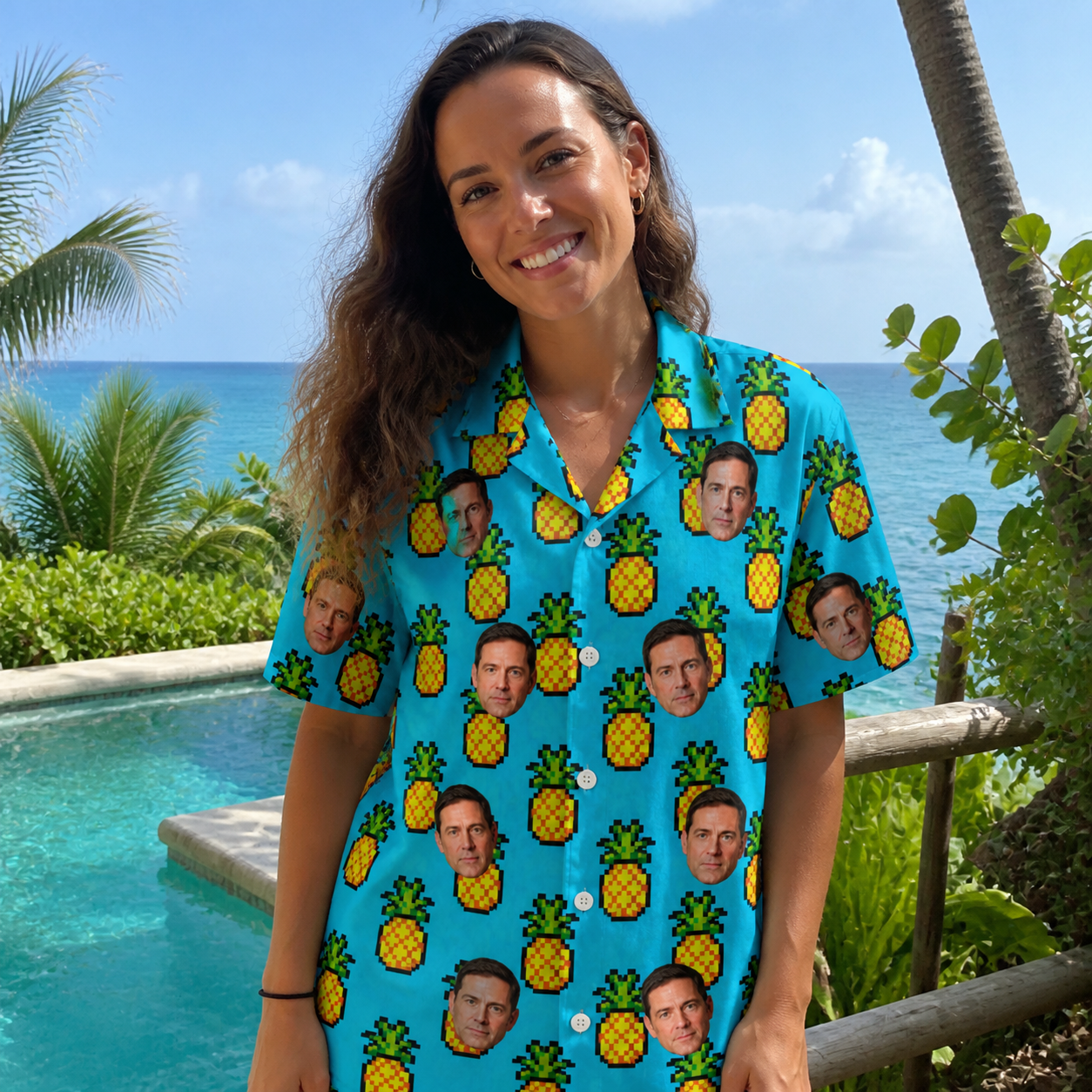 Real-life photo of someone wearing Women's Pineapple Pals Custom Face Hawaiian Shirt — custom faces printed all-over