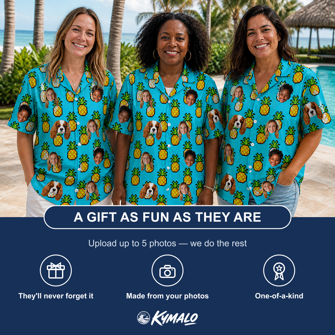 Friends in matching Women's Pineapple Pals Custom Face Hawaiian Shirt — a group gift photo