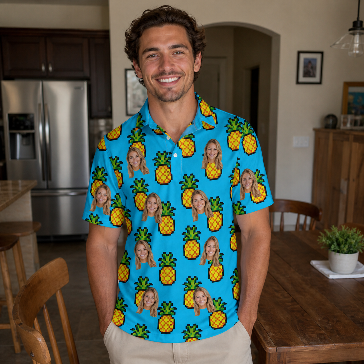 Real-life photo of someone wearing Men's Pineapple Pals Custom Face Polo Shirt — custom faces printed all-over