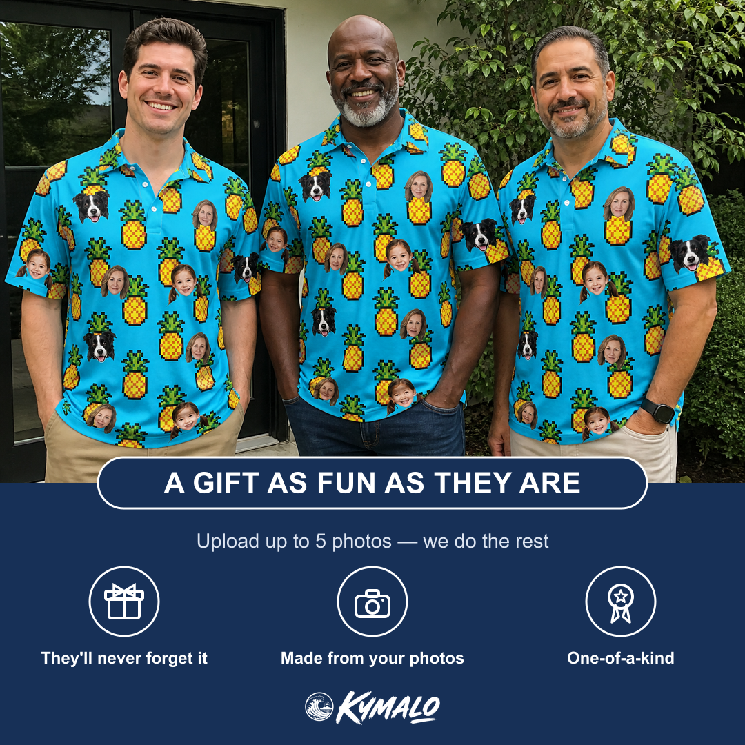 Friends in matching Men's Pineapple Pals Custom Face Polo Shirt — a group gift photo