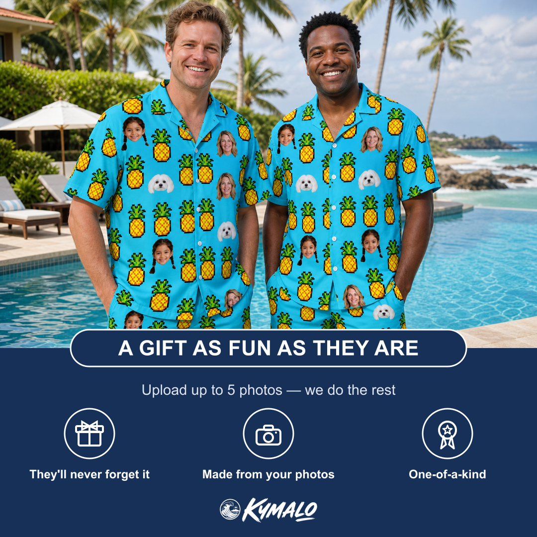 Friends in matching Men's Pineapple Pals Custom Face Shirt & Shorts Set — a group gift photo