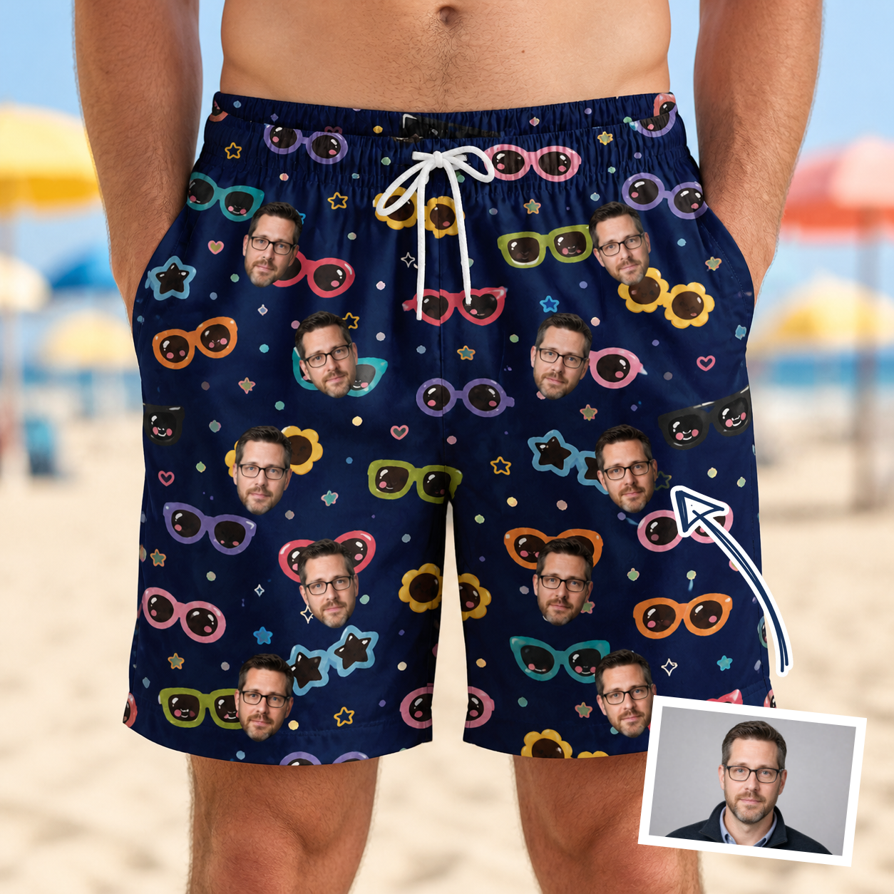 Man wearing Men's Ray Reunion Custom Face Beach Shorts — custom faces printed all-over