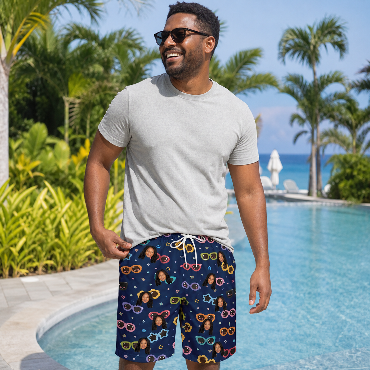 Real-life photo of someone wearing Men's Ray Reunion Custom Face Beach Shorts — custom faces printed all-over